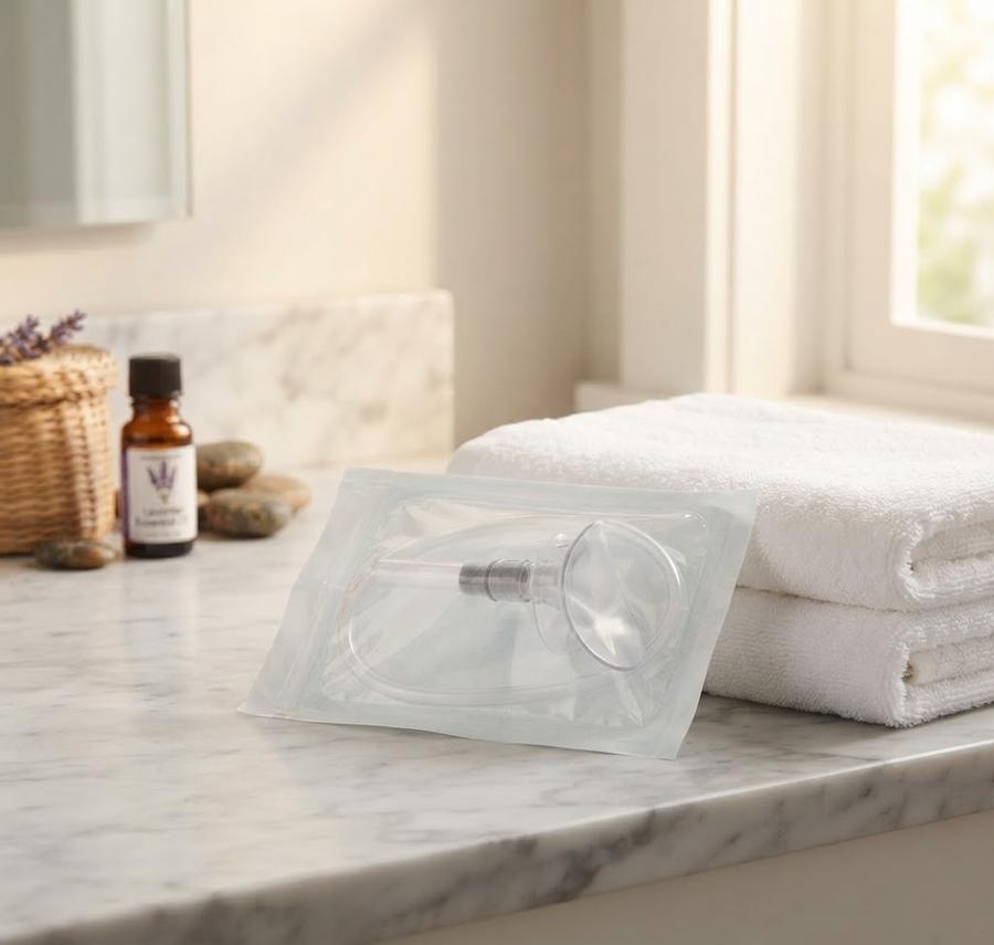 Wicks Female External Catheter Cup for Women in a home setting